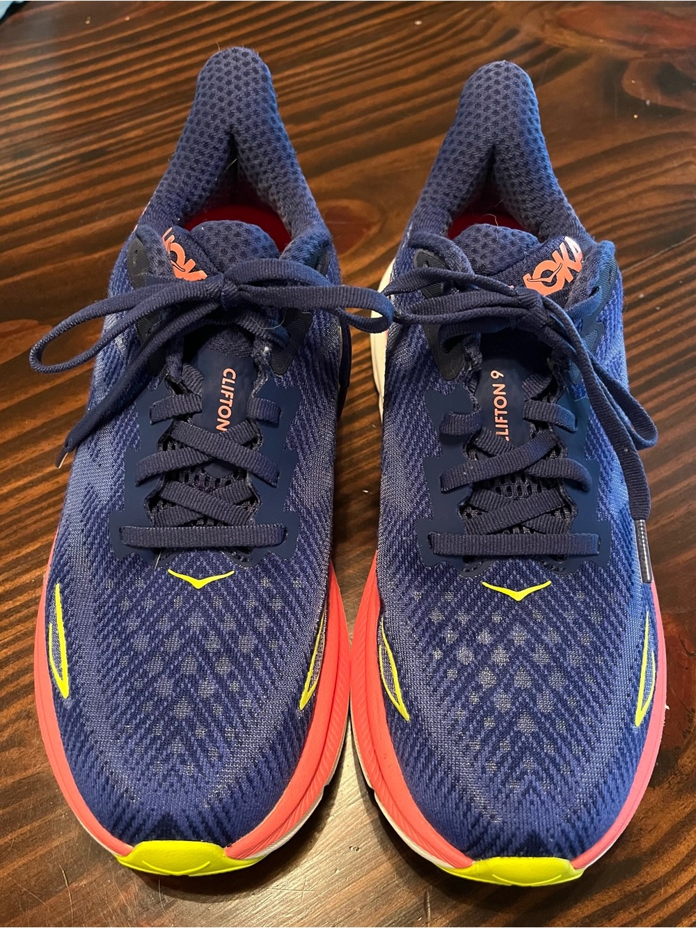Hoka Clifton 9 Running Shoes - Blue with Coral & Neon Yellow Accents